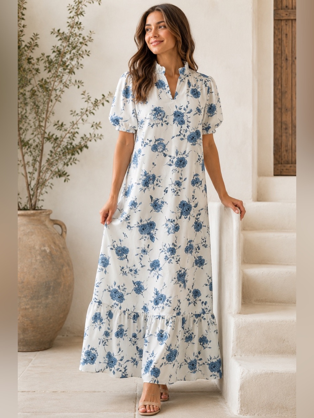 Indie & Co Blue Floral Maxi Dress Ruffle Hem Puff Sleeve Cottagecore Size Medium